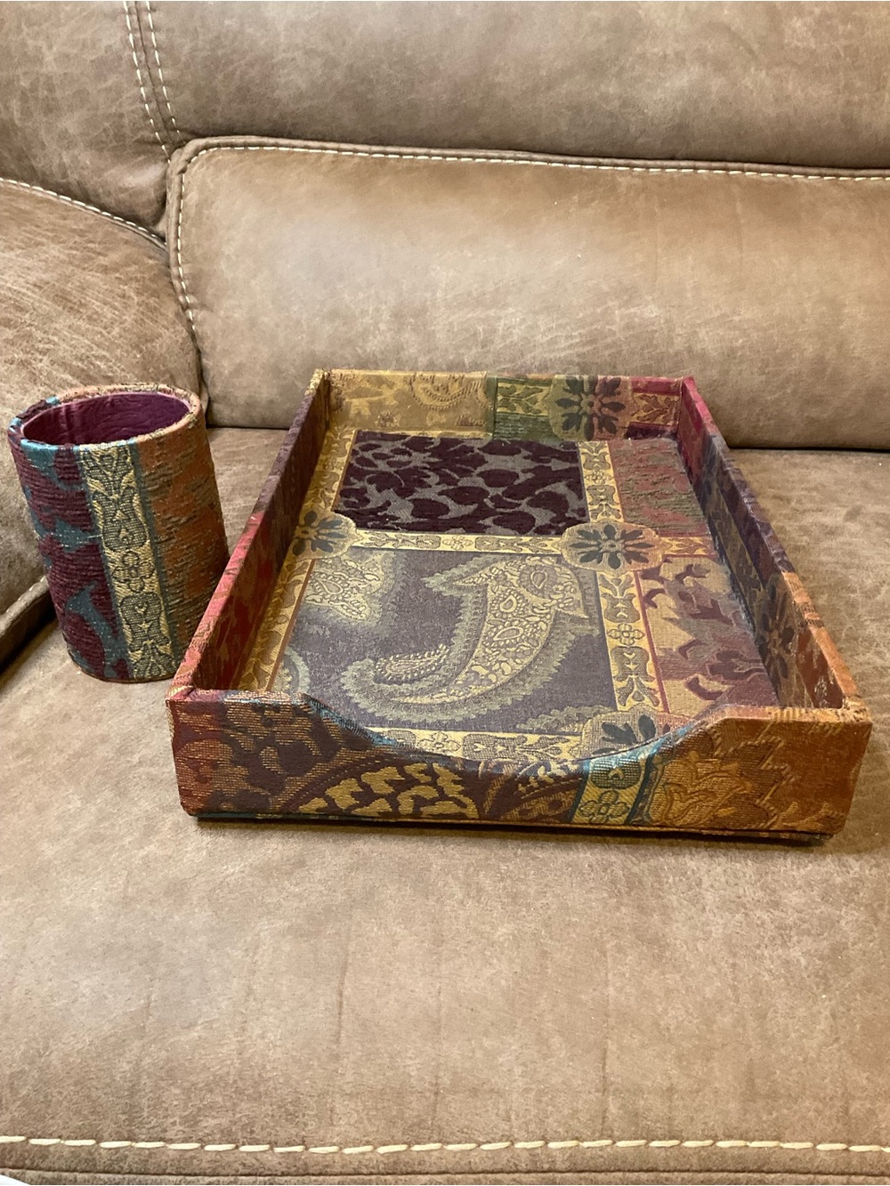 Tapestry Wrapped Paper Tray and Pen Cup Set